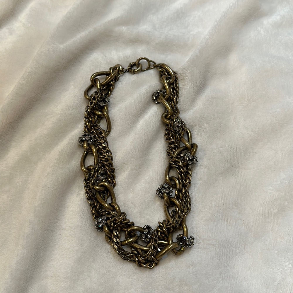 J Crew Antiqued Gold Vintage Looking Statement Chunky Chain Necklace Crystal